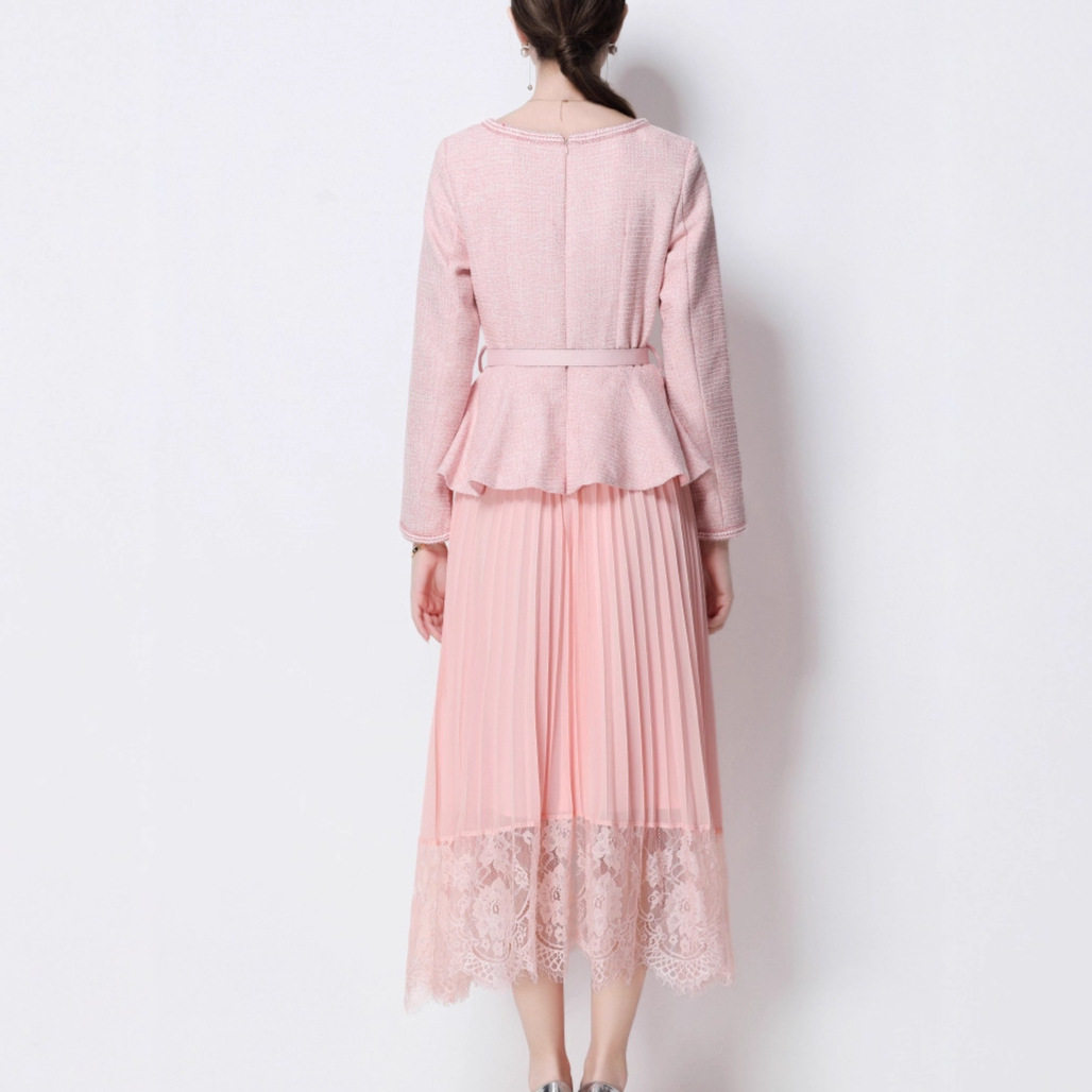 French Chic High End Long Sleeve Pleated Dress Waist Tie Color Block Design Elegant Style Perfect for Autumn and