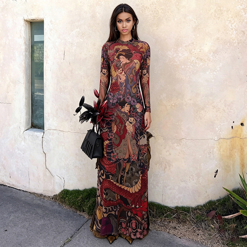 Womens Long Tunic Top Fashionable Round Neck Unique Print Slim Fit High Split Spring Style Wholesale Available