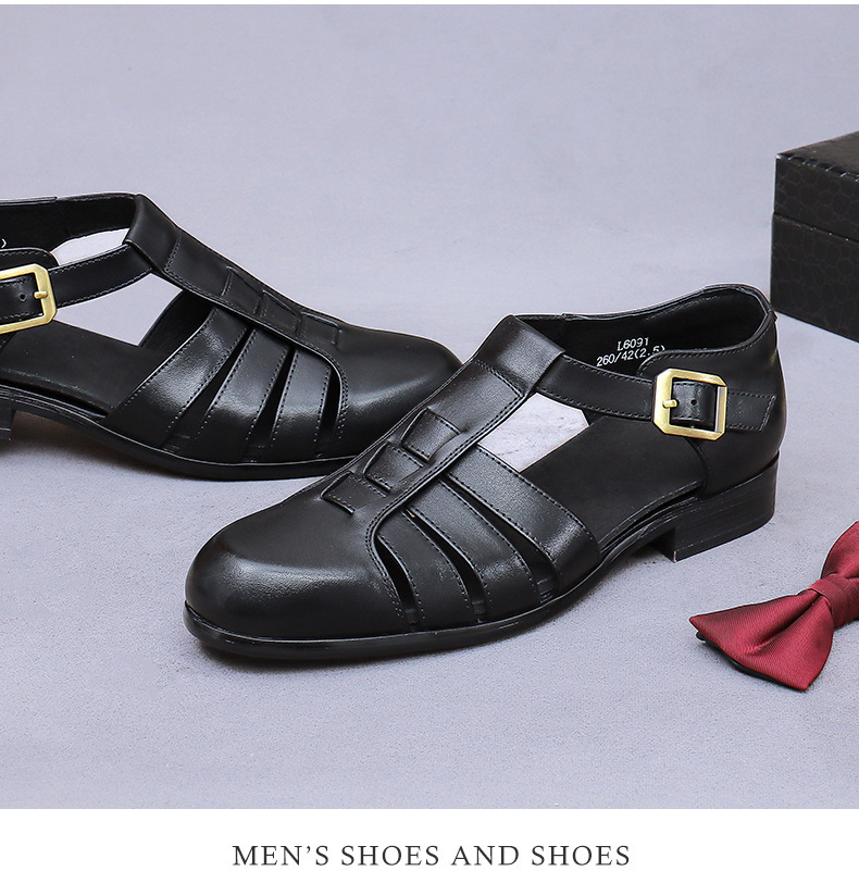 Dép sandal nam bít mũi da bò cổ điển khóa cài thoáng khí — Màu nâu, Màu đen