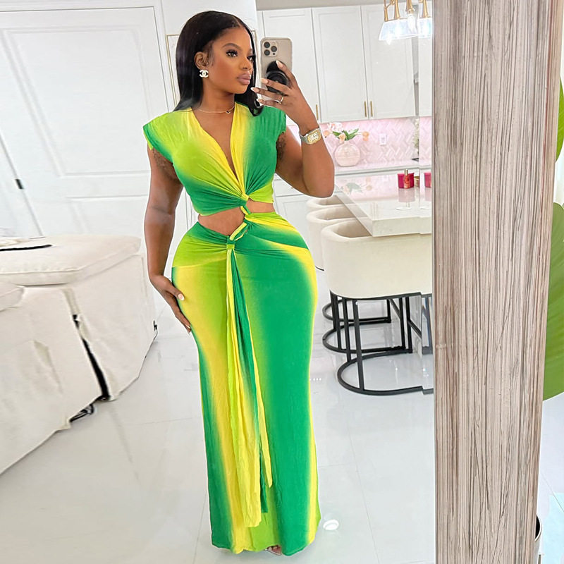 Color Block Hollow Out Bodycon Dress Gradient V Neck Long Sleeve Trendy Style Perfect for Streetwear or Casual Events