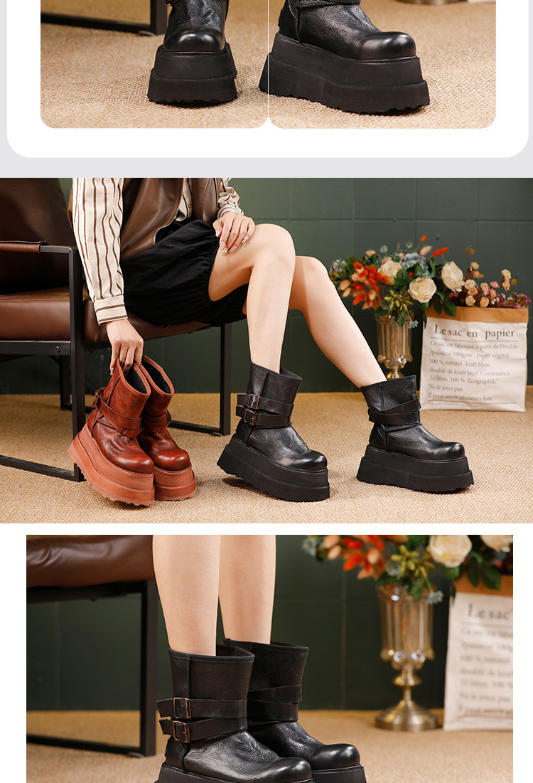 Boot nữ cổ trung da bò thật đế dày tăng chiều cao khóa kéo bên — màu đen, màu nâu