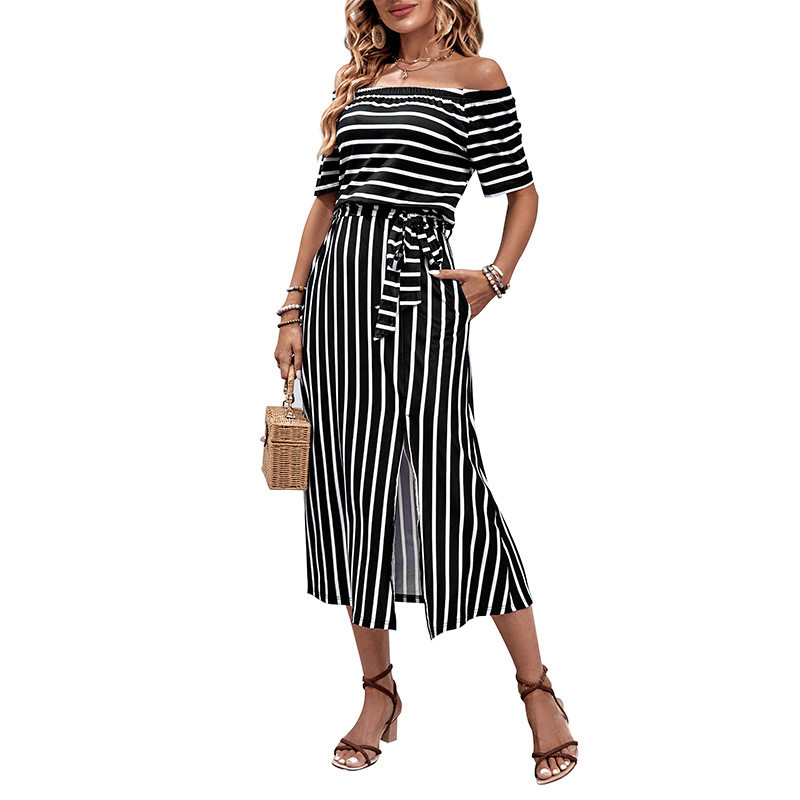 Off Shoulder Striped Summer Dress Casual Minimalist Style Comfortable Fit Perfect for Beach or Outdoor Events