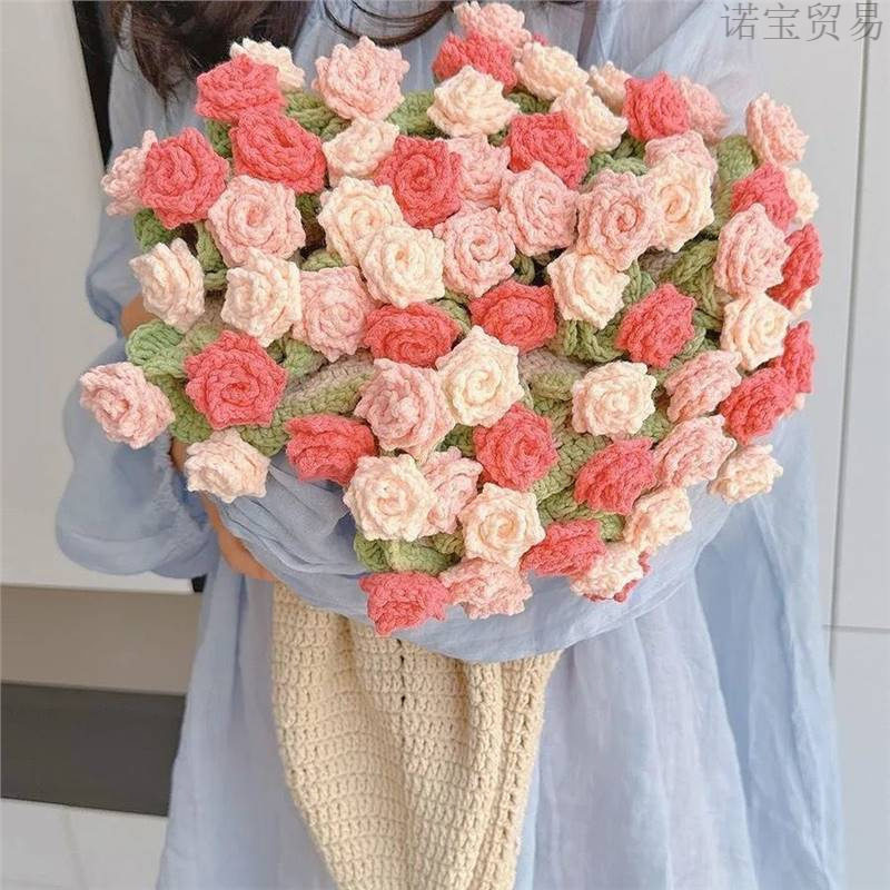 Hand-Knitted Rose Bouquet Blanket Material Package Wool Ball Crocheted Flower Wool Ball Crocheted for Friends