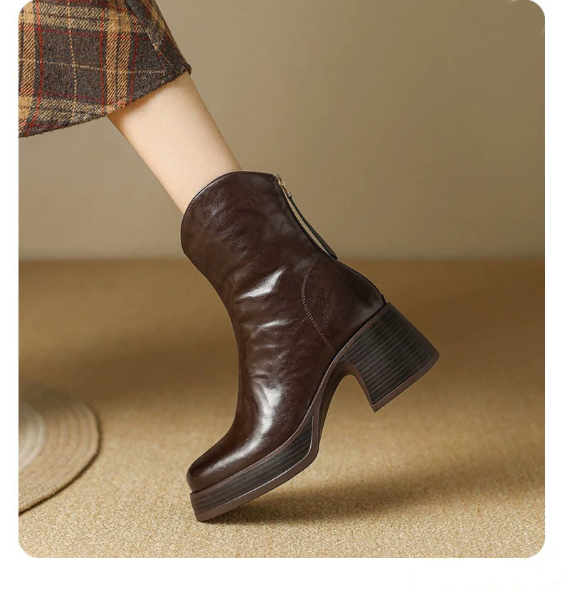 Boot nữ cổ thấp gót thô phong cách thời trang thanh lịch — Màu đen, Màu nâu
