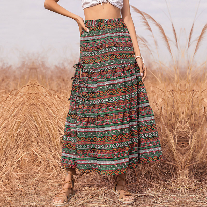 Bohemian Print Maxi Skirt High Waist A Line Side Slit Casual Summer Wear Wholesale Available