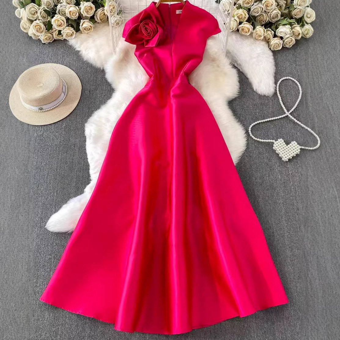 Elegant Long Wedding Dress for Women High End Fashion 3D Floral Design V Neck Puff Sleeves Waist Cinching Perfect