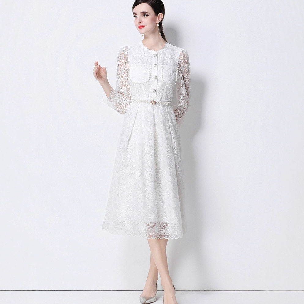 French Elegant Lace Dress Beaded Waist Tie Floral Design Evening Wear Cocktail Party Wholesale Available