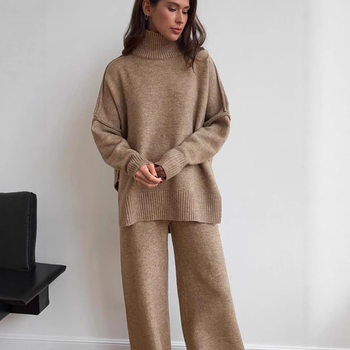 European and American 2025 New Autumn and Winter Turtleneck Sweater Two-Piece Loose Casual Slimming Look Wide-Leg Pants Knitted Suit for Women