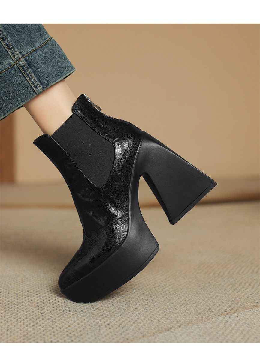 Boot nữ cổ thấp gót thô mũi nhọn phong cách Chelsea — Màu đen lót một lớp, Màu đen lót nhung, Màu nâu lót một lớp, Màu nâu lót nhung