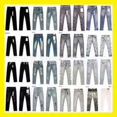 Amiri American High Street Fashion Brand Purple Skinny Straight-Leg Jeans with Splash Ink Graffiti and Ripped Holes