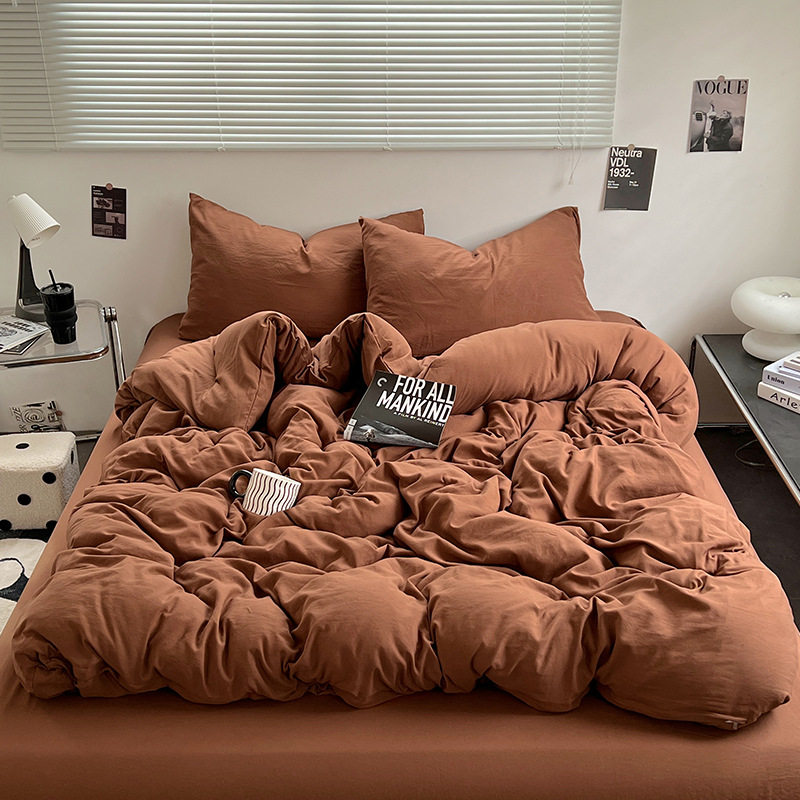 Ns Pure Color Double Wash Cotton Bed Four-Piece Set, Skin-Friendly and Naked Sleeping Bed Bed Sheets Quilt Cover Student Three-Piece Set