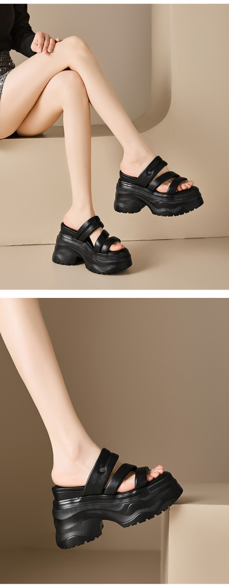 Sandal nữ quai ngang da bò đế dày gót 9cm tăng chiều cao, mũi tròn hở ngón phong cách năng động — màu đen, Màu trắng ngà-