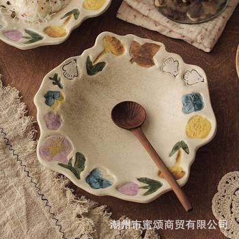 Handmade Flower and Bird Stoneware Underglaze Retro High-Value Dessert Plate Fruit Plate Yogurt Bowl Birthday Gift Dinner Plate