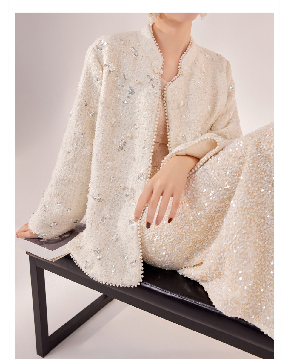 Chân váy dài lưng cao dáng chữ A phối sequin lấp lánh — Màu mơ