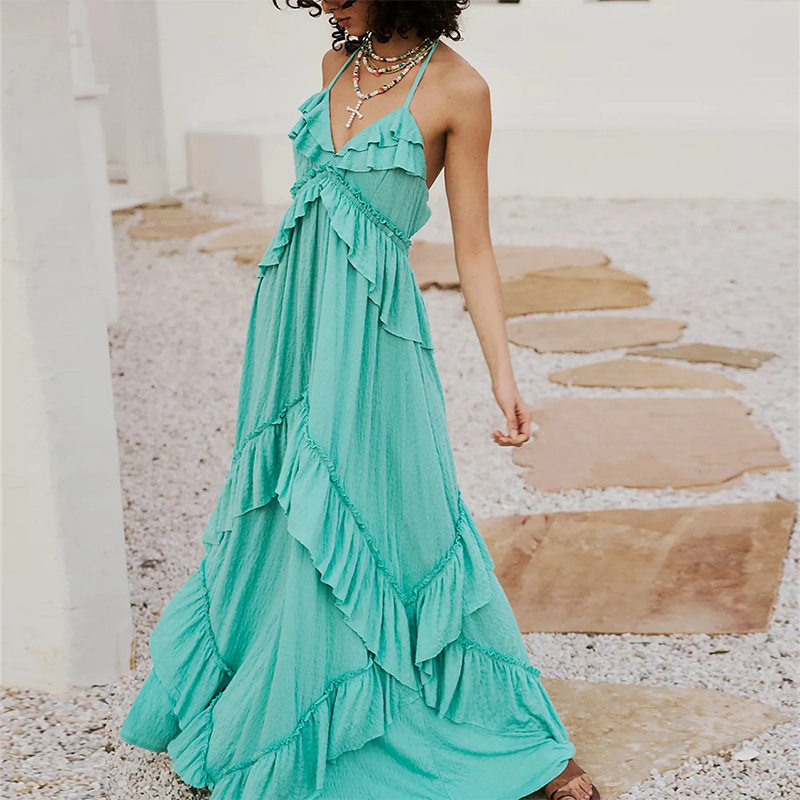 Summer Womens Dress Casual Loose Fit Solid Color Spaghetti Strap Vacation Style Wholesale Available