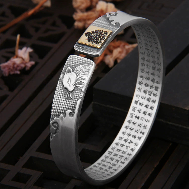 Twelve Zodiac Bracelets for Men and Women, Personalized Retro Ethnic Style, Heart Sutra Solid Silver-Plated Bracelets for the Year of Birth