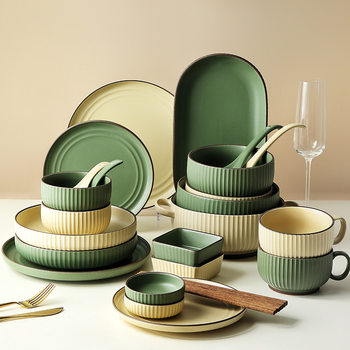 Nordic Ceramic Dishes Set Household Creative Simple ins Style Vertical Striped Dishes Combination Dishes and Chopsticks Tableware Wholesale