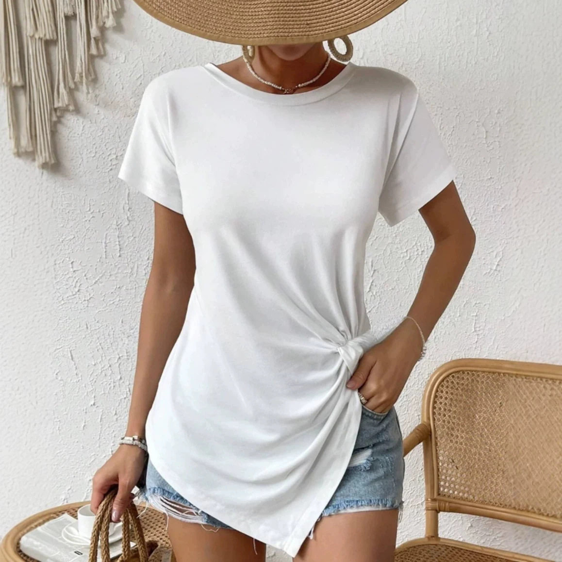 Womens Short Sleeve T Shirt Round Neck Simple Style Comfortable Fit Solid Color Spring Summer Collection