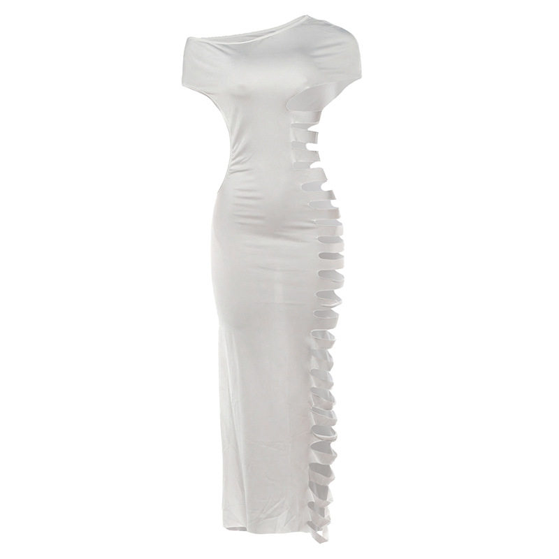 Sleeveless Bodycon Dress Fashionable Solid Color Hollow Out Design Asymmetrical Shoulder Spring Summer Casual Wear