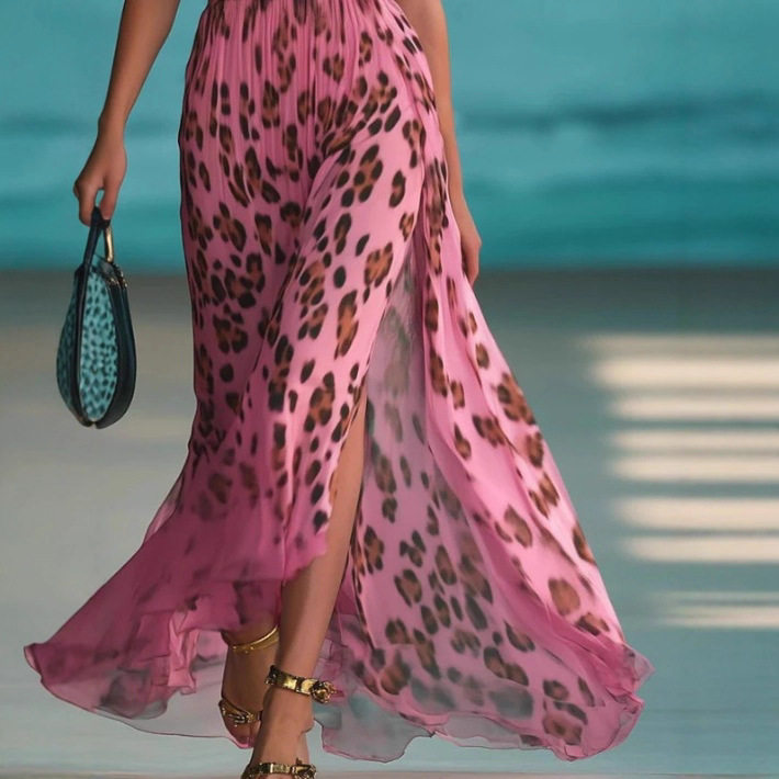 Womens Leopard Print Deep V Neck Sleeveless Split Dress Trendy Autumn Style Perfect for Parties and Events Wholesale