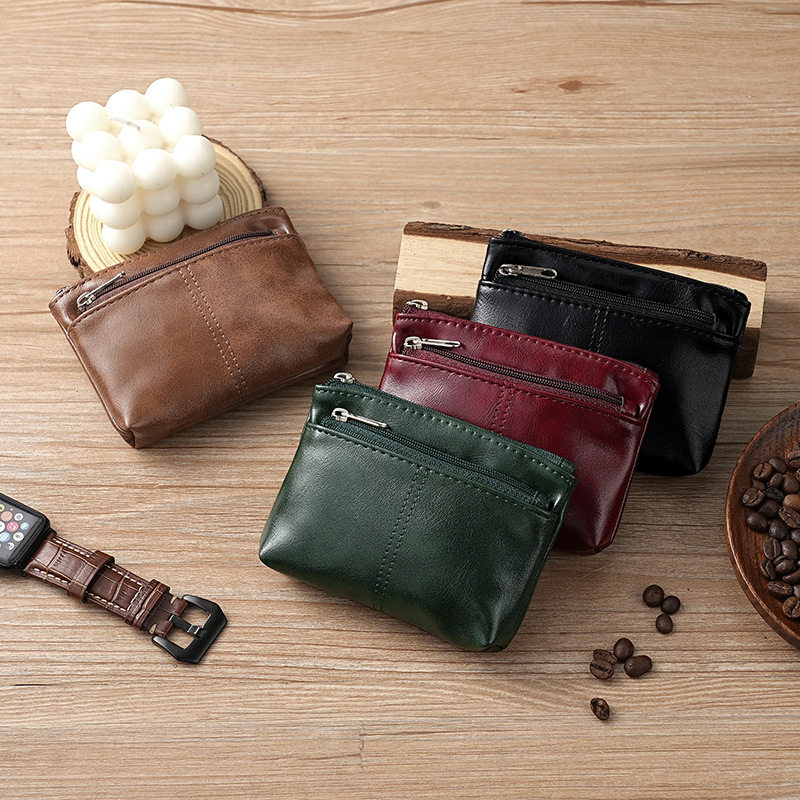 Handmade Small Coin Purse, Business Card Holder, Cowhide Texture, Simple Zipper Driver's License Bag, Bus Card Mini Key Bag
