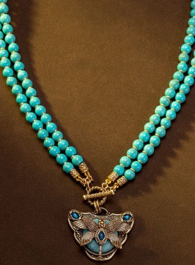 中古vintage饰品玛瑙松石项链动物蜻蜓夸张欧美复古做旧雕刻蓝色