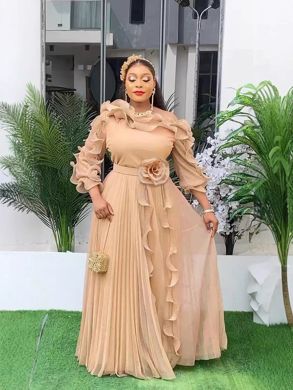 Elegant champagne chiffon evening gown for plus size women, off-shoulder ruffled sleeves, floral belted long ball skirt