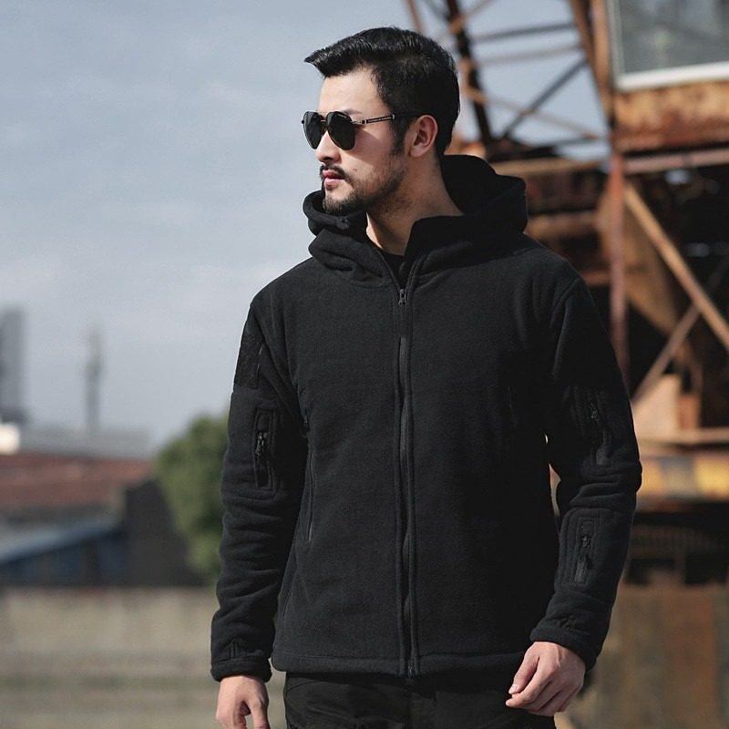 跨境男士户外保暖内胆抓绒衣摇粒绒防寒冲锋衣风帽衣纯色连帽外套