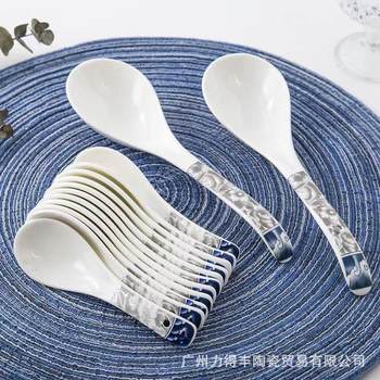 Wholesale Ceramic Blue and White Porcelain Soup Spoons, Rice Spoons, Household Spoons, Long-Handled Spoons, Hotel Tableware Spoons, Kitchen Floral Design