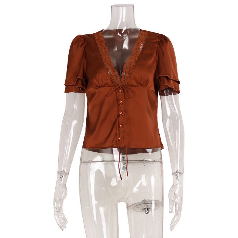 French Lace Panel Tie T Shirt Slim Fit Short Sleeve Summer Style Perfect for Casual Outings Wholesale Available