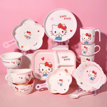 Anime Style Hellokitty Kidsren's Tableware Cute Water Cup Baby Dish Set Home Dining Plate Rice Bowl Spoon