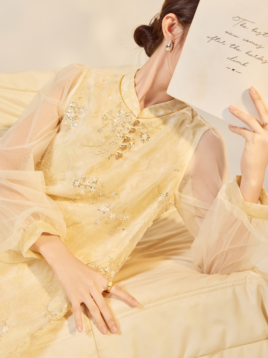 Đầm nữ cổ đứng thêu hoa dáng chữ A dài tay phong cách nghệ thuật — Vàng Champagne (giao hàng trong 7 ngày), Vàng Champagne (giao hàng trong ngày)