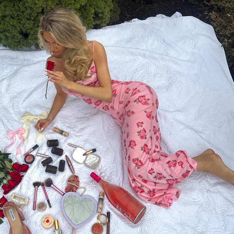 French Style Summer Maxi Dress Sexy Off Shoulder Floral Print Slim Fit Soft Pink Perfect for Parties or Casual
