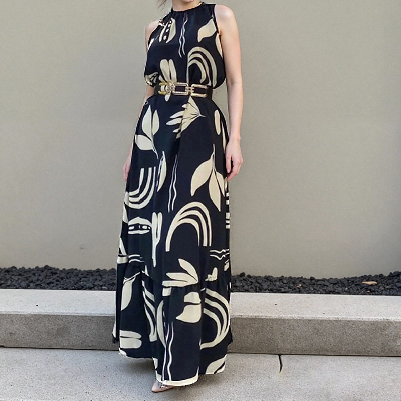 Womens Spring Floral Print Sleeveless Dress Elegant Fit Flare Design Perfect for Casual or Formal Occasions