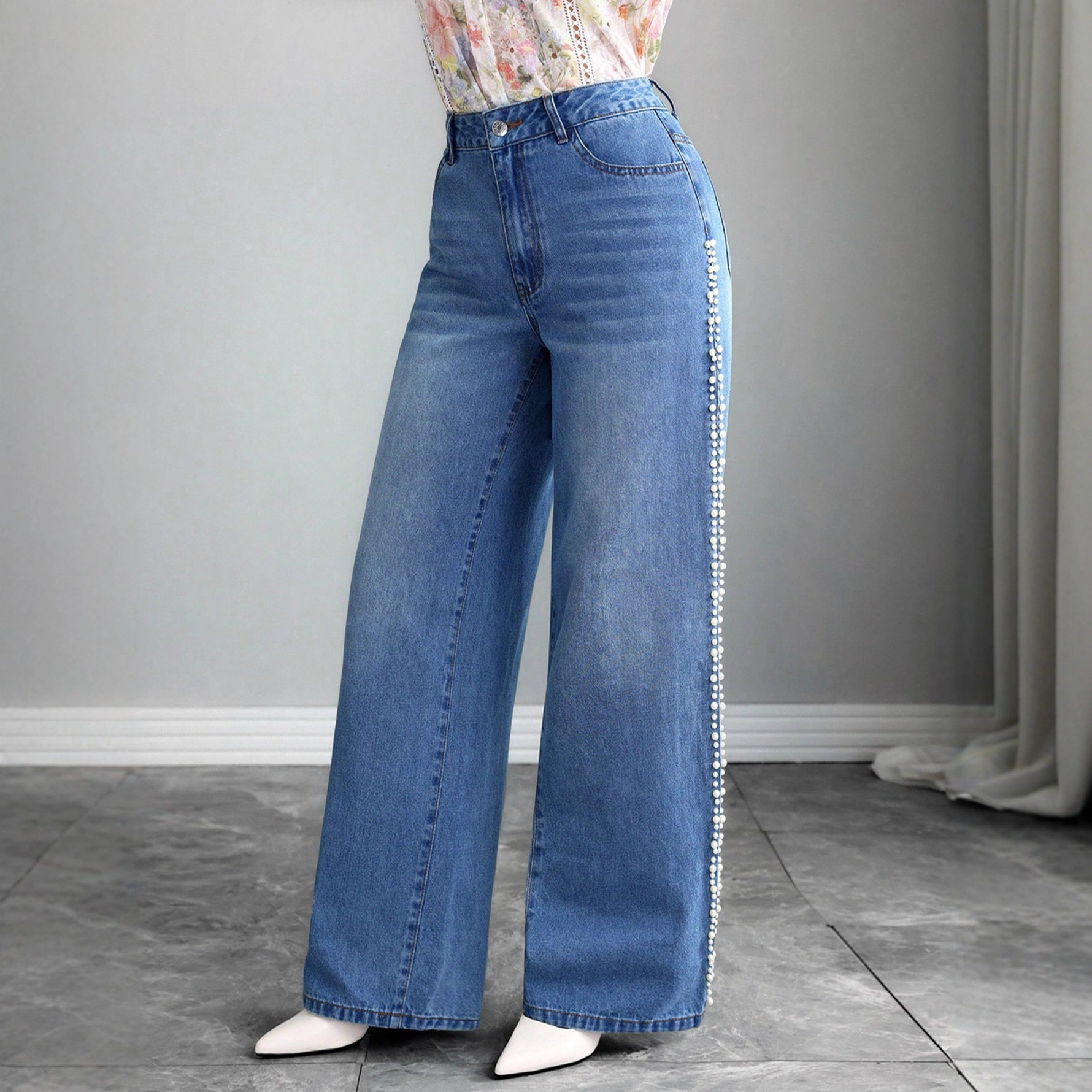 Loose Fit Pearl Lace Wide Leg Jeans Simple Fresh Design Casual Wear for Women Wholesale Available