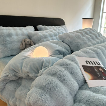 High-end winter rabbit velvet fleece-lined thickened four-piece princess-style double-sided velvet milk velvet bed sheet quilt cover