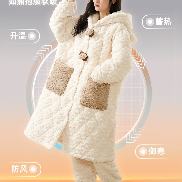 Pajamas for Women Winter Autumn and Winter Three-Layer Quilted Coral Velvet Nightgown Fleece-Lined Thickeneded Warm Home Clothes 2025 New Style