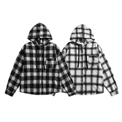 American Retro Black and White Plaid Shirt for Men, Autumn Design Hooded Shirt, High Street Casual Versatile Couple's Jacket