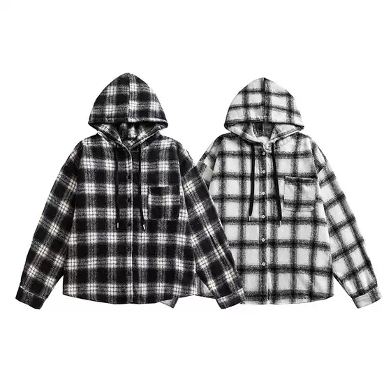 American Retro Black and White Plaid Shirt for Men, Autumn Design Hooded Shirt, High Street Casual Versatile Couple's Jacket