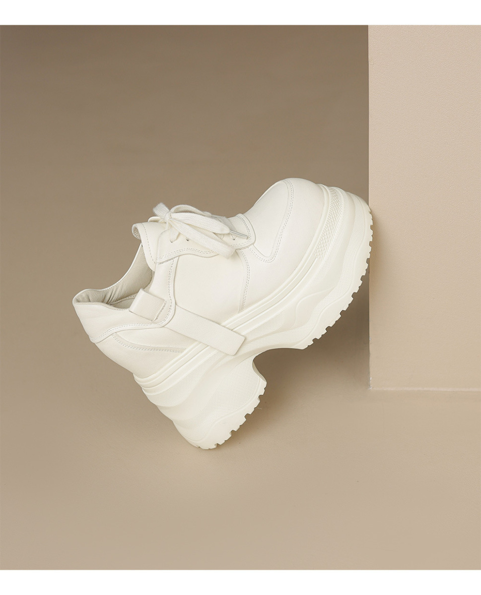 Giày sneaker nữ da bò thật đế dày tăng chiều cao 12cm dáng dad shoes buộc dây — Màu đen, Màu trắng