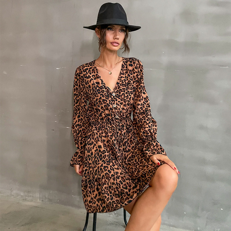 Spring Womens Long Sleeve V Neck Leopard Print Dress Trendy Design Comfortable Fabric Versatile Style Wholesale
