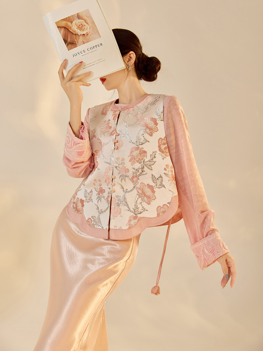 Set áo vest không tay dệt hoa kim tuyến kèm chân váy dài nữ