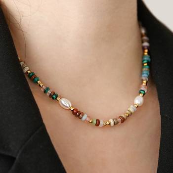 Niche light luxury retro natural stone natural crystal beaded freshwater pearl necklace female clavicle chain necklace gift