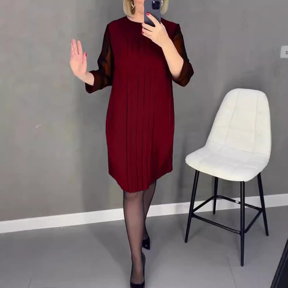 Pleated Lace Sleeve Dress Round Neck Long Sleeve Elegant Design Autumn Winter Fashion Wholesale Available