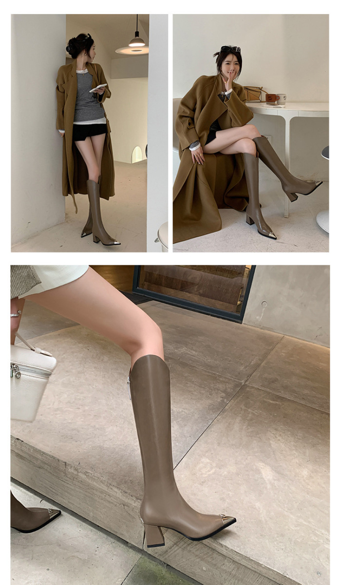 Boot nữ cổ cao mũi nhọn da bò gót thô phong cách kỵ sĩ — Màu be lót nhung bên trong, Màu be một lớp lót trong, Màu đen lót một lớp, Màu đen lót nhung