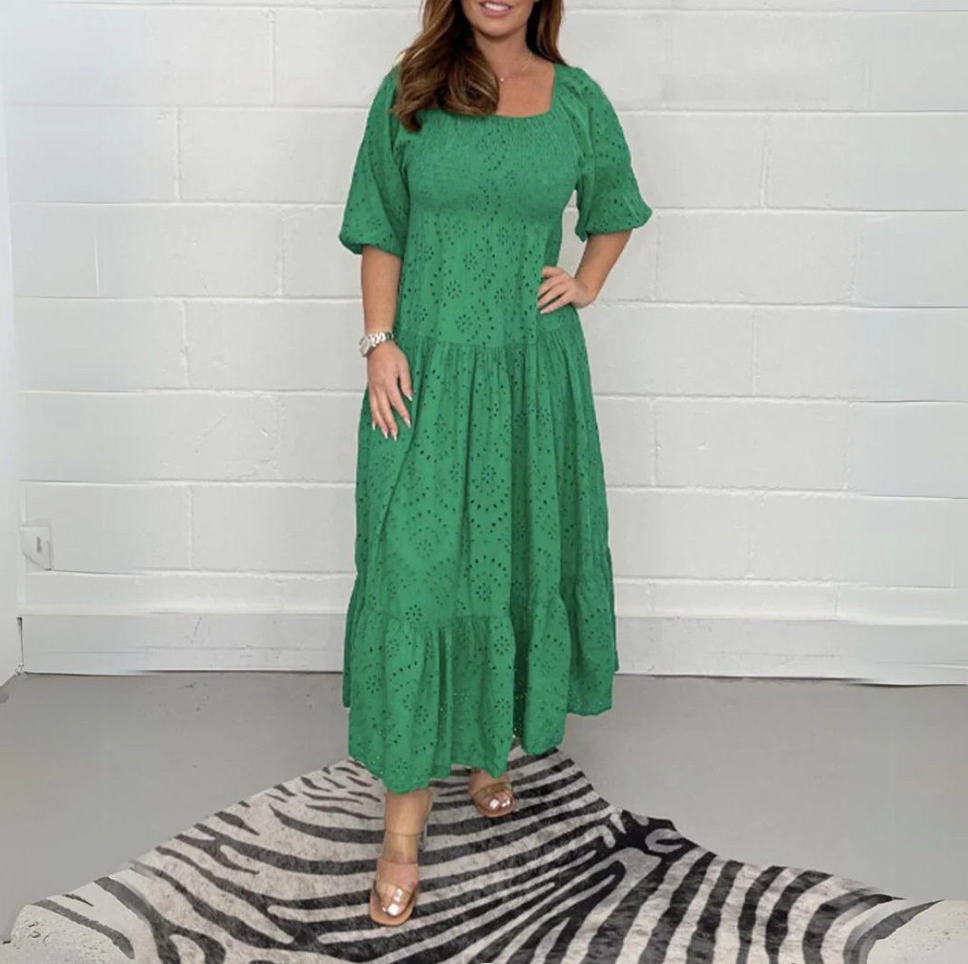 Summer Womens Dress Solid Color Hollow Out U Neck Puff Sleeve Casual or Party Wear Wholesale Available