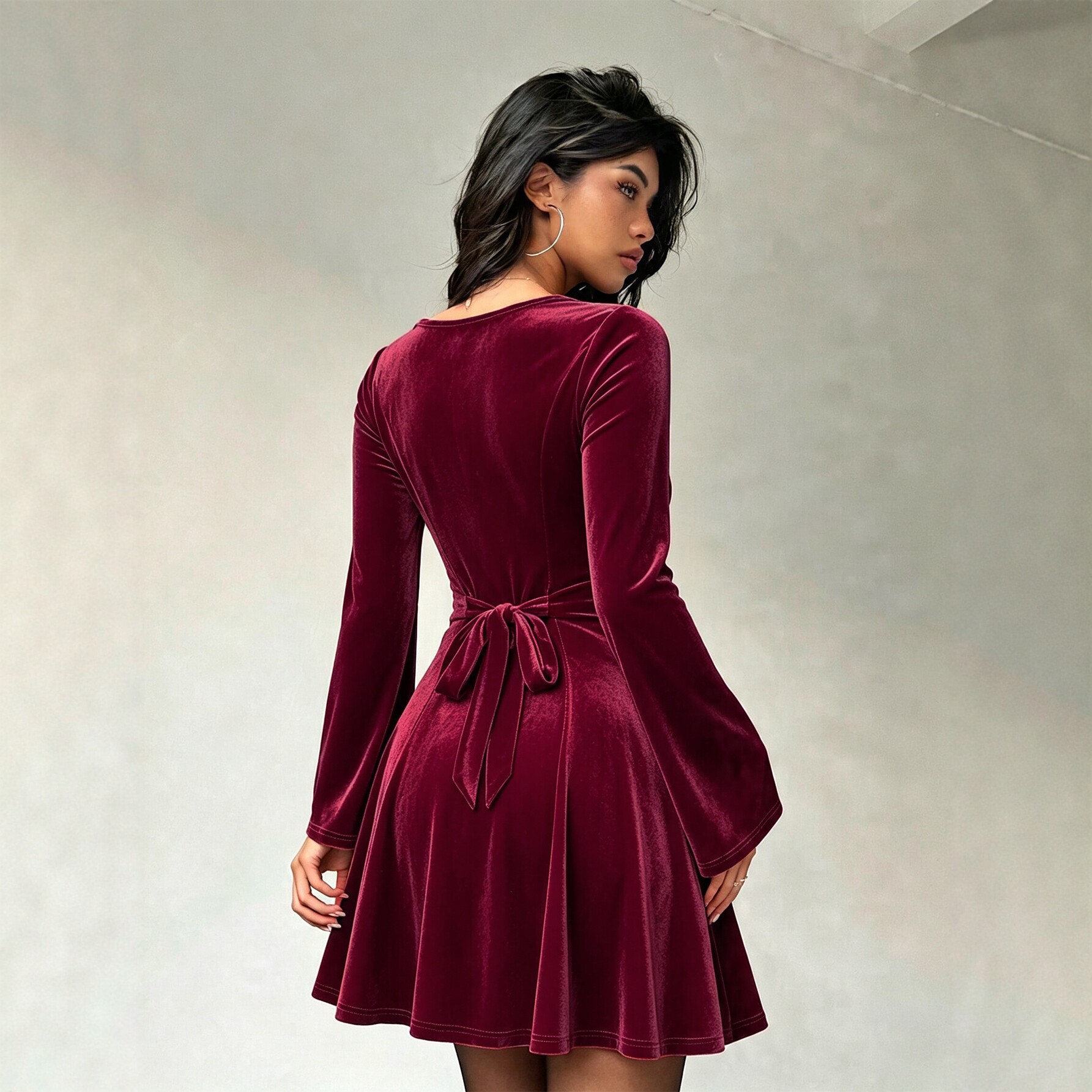 Velvet U Neck Dress for Women Back Tie Slim Fit Flared Sleeves A Line Short Skirt Elegant Evening Wear Wholesale