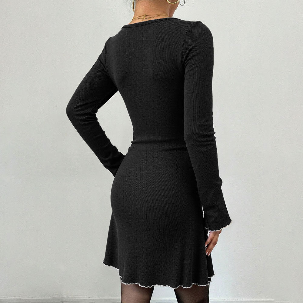 Elegant Black and White Color Block Knit Dress Flared Sleeves Slim Fit A Line Silhouette Perfect for Formal Occasions