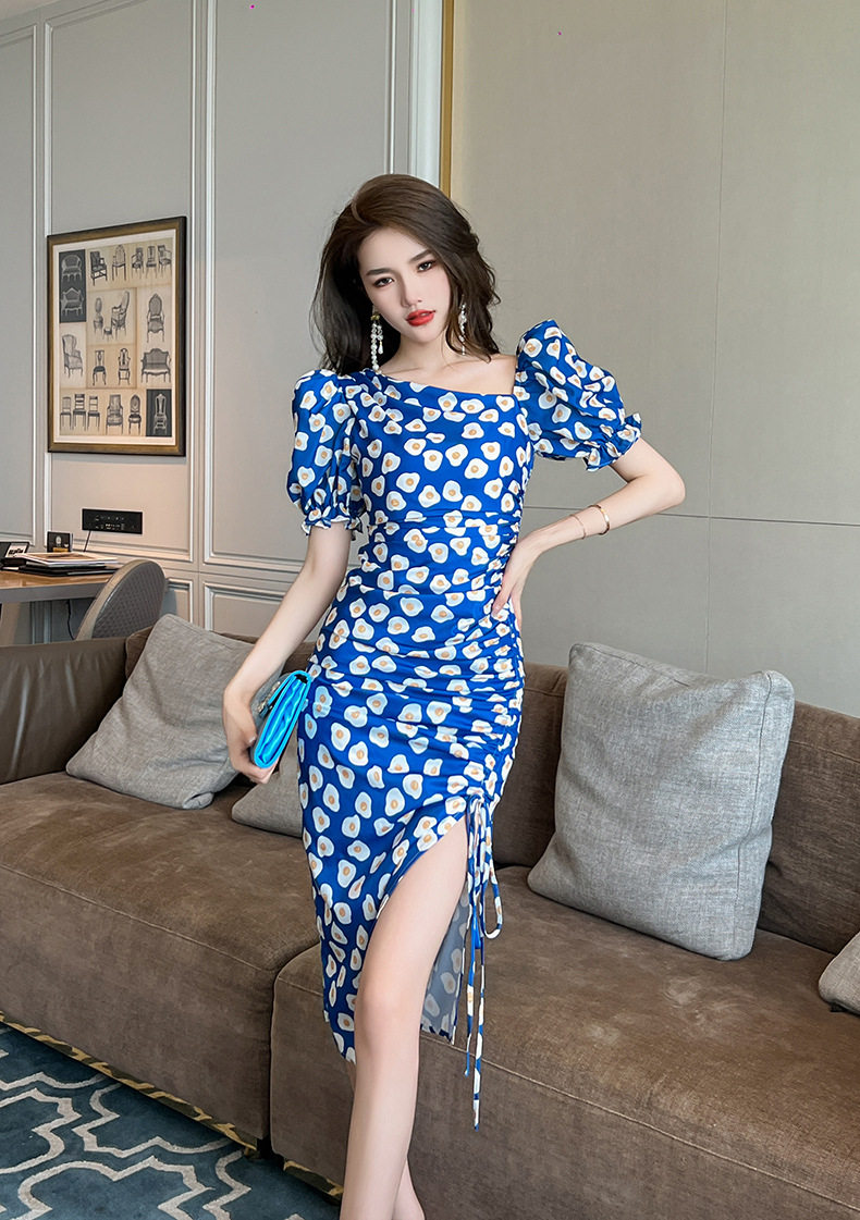 Đầm ôm body nữ thiết kế vai lệch tay bồng in hoa xếp ly phong cách Hồng Kông 2026 — [Xanh cung điện] chi tiết 11