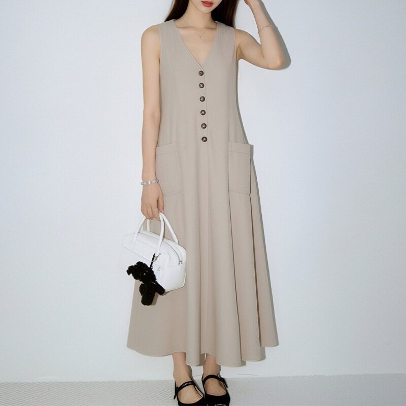 Womens Casual Loose V Neck Button Dress Solid Color Spring Fashion Ideal for Everyday Wear Wholesale Available